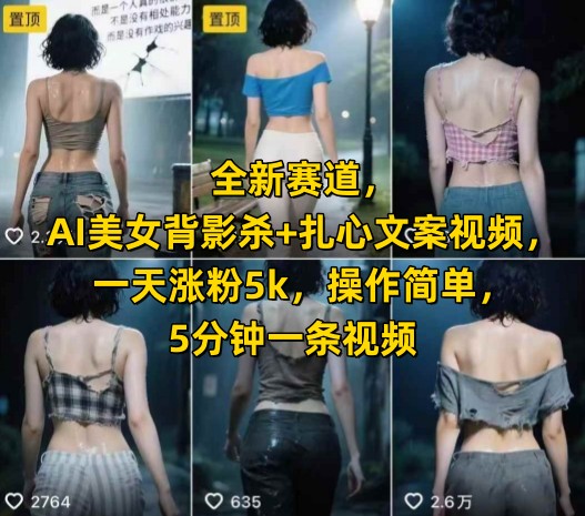 全新赛道，AI美女背影杀+扎心文案视频，一天涨粉5k，操作简单，5分钟一条视频-928资源网