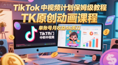 TikTok中视频计划保姆级教程，TK原创动画课程，单账号月收益4k美刀-928资源网