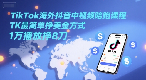 TikTok海外抖音中视频陪跑课程，TK最简单挣美金方式，1万播放挣8刀-928资源网