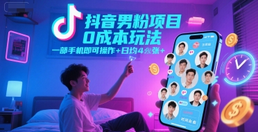 抖音男粉项目0成本玩法，一部手机即可操作，日均4张+，时间自由-928资源网