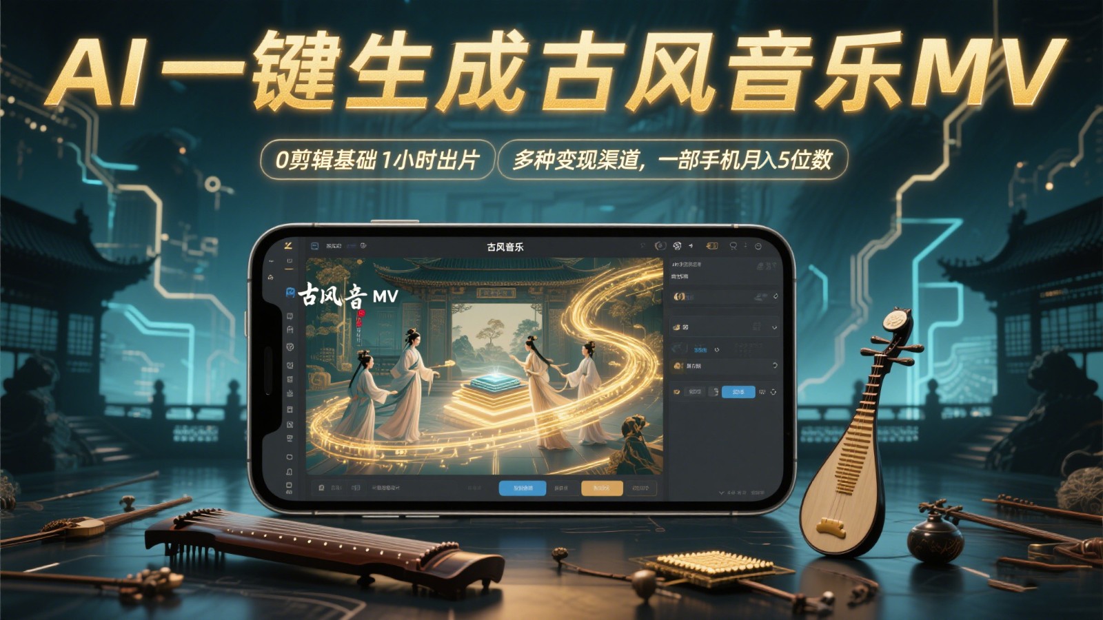 AI一键生成古风音乐MV，0剪辑基础1小时出片，多种变现渠道，一部手机月入5位数-928资源网