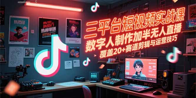 三平台短视频实战课，数字人制作加半无人直播，覆盖20+赛道剪辑与运营技巧-928资源网
