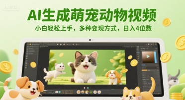 AI生成萌宠动物视频，小白轻松上手，多种变现方式，日入4位数-928资源网