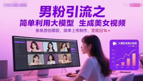 男粉引流之简单利用大模型生成美女视频，条条原创爆款，简单上传制作，变现日1k+-928资源网