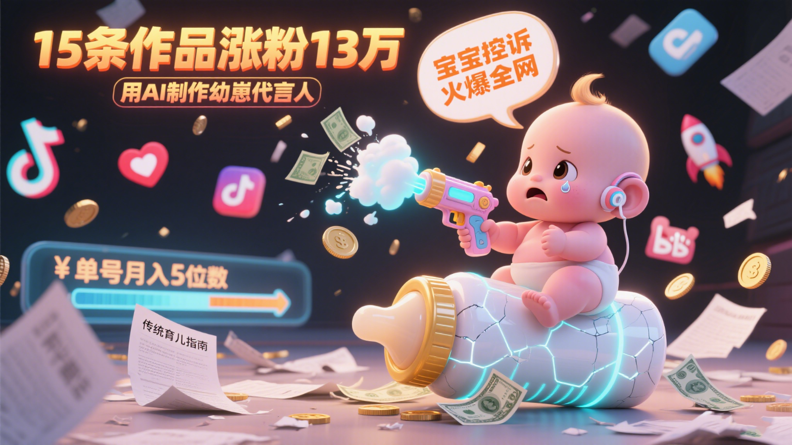 用AI制作幼崽代言人，宝宝的控诉火爆全网，15条作品涨粉13万，单号月入5位数实操教程-928资源网